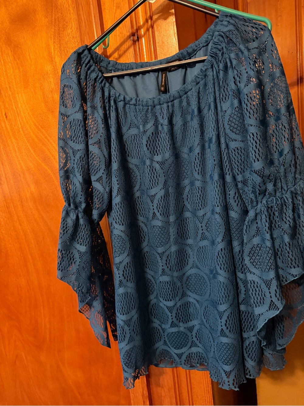 new directions Teal Blue Lace Peasant Blouse